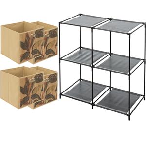 5five Kastmandjes/opberg mandjes - beige/print - 4x stuks van 29 Liter - In rekje van 68 x 70 cm -