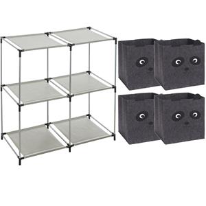 H&S Collection Kastmandjes/opberg mandjes - panda print - grijs - 4x stuks van 29L - In rekje van 68 x 68 cm -