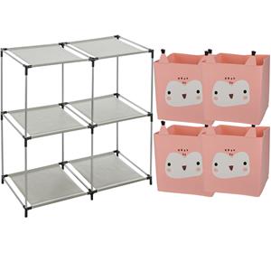 H&S Collection Kastmandjes/opberg mandjes - uilen print - roze - 4x stuks van 29L - In rekje van 68 x 68 cm -