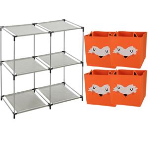 H&S Collection Kastmandjes/opberg mandjes - vossen print - oranje - 4x stuks van 29L - In rekje van 68 x 68 cm -
