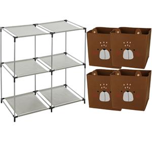 H&S Collection Kastmandjes/opberg mandjes - beren print - bruin - 4x stuks van 29L - In rekje van 68 x 68 cm -