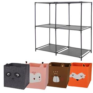 H&S Collection Kastmandjes/opberg mandjes - 4x stuks van 29L - Dieren gezicht prints - In rekje 68 x 68 cm -