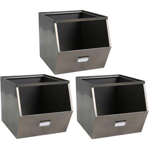 Urban Living Stapelbare opbergmand Open Metal Box - 3x - L23 x B32 x H21 cm - metaal - donkergrijs -