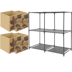 5five Kastmandjes/opberg mandjes - beige/print - 4x stuks van 29 Liter - In rekje van 68 x 70 cm -
