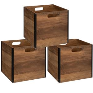5five Set van 3x stuks opbergmand/kastmand 29 liter donker bruin van hout 31 x 31 x 31 cm -