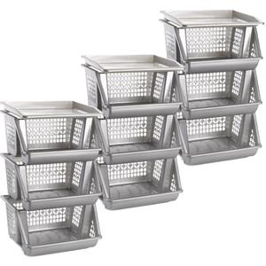 Merkloos Opbergkrat - 4x - zilver - 3 vakken - 62 cm - Stapelkratten - Stapelbare manden -
