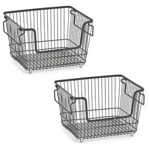 Zeller opberg draadmandje - 3x - zwart - stapelbaar - 33 x 27 x 21 cm - metaal - kastmanden -