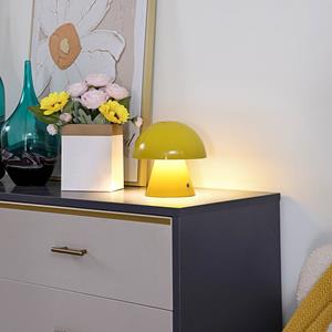 LINDBY LED oplaadbare tafellamp Nevijo, geel, Ø18cm, USB, dimmer