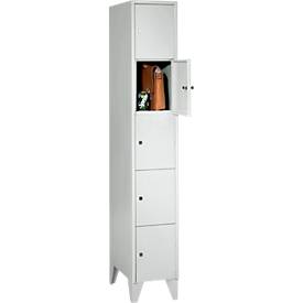 Vakkenkast, met kastpoten, aantal vakken 5, vakbreedte 300 mm, veiligheidscilinderslot, lichtgrijs