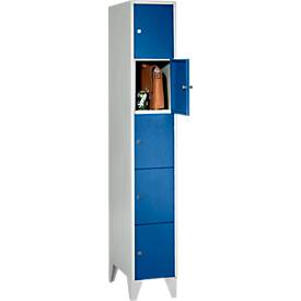 Vakkenkast, met kastpoten, aantal vakken 5, vakbreedte 300 mm, veiligheidscilinderslot, gentiaanblauw