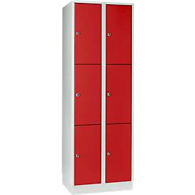 Vakkenkast 300 mm, 2 compartimenten, 6 vakken, veiligheidscilinderslot, sokkel, vuurrood