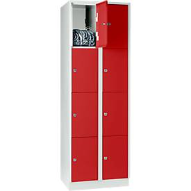 Vakkenkast 300 mm, 2 compartimenten, 8 vakken, veiligheidscilinderslot, sokkel, vuurrood
