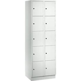 Vakkenkast 300 mm, 2 compartimenten, 10 vakken, veiligheidscilinderslot, sokkel, lichtgrijs