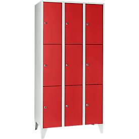 Vakkenkast 300 mm, 3 compartimenten, 9 vakken, veiligheidscilinderslot, poot, vuurrood