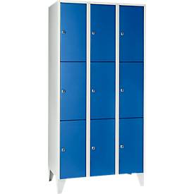 Vakkenkast 300 mm, 3 compartimenten, 9 vakken, veiligheidscilinderslot, poot, gentiaanblauw