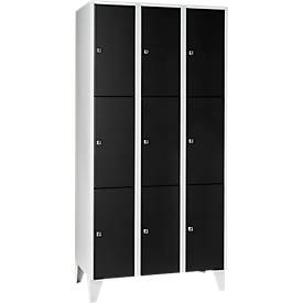 Vakkenkast 300 mm, 3 compartimenten, 9 vakken, veiligheidscilinderslot, poot, diepzwart