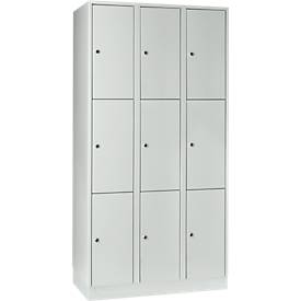 Vakkenkast 300 mm, 3 compartimenten, 9 vakken, veiligheidscilinderslot, sokkel, lichtgrijs