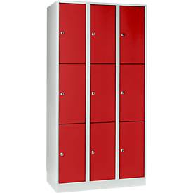 Vakkenkast 300 mm, 3 compartimenten, 9 vakken, veiligheidscilinderslot, sokkel, vuurrood