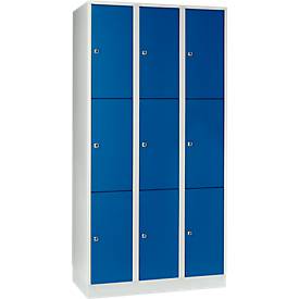 Vakkenkast 300 mm, 3 compartimenten, 9 vakken, veiligheidscilinderslot, sokkel, gentiaanblauw