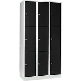 Vakkenkast 300 mm, 3 compartimenten, 9 vakken, veiligheidscilinderslot, sokkel, diepzwart