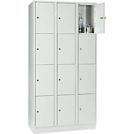 Vakkenkast 300 mm, 3 compartimenten, 12 vakken, veiligheidscilinderslot, sokkel, lichtgrijs