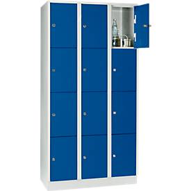 Vakkenkast 300 mm, 3 compartimenten, 12 vakken, veiligheidscilinderslot, sokkel, gentiaanblauw