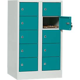Lockerkast, plaatstaal, deuraanslag rechts, cilinderslot, 10 vakken, B 600 x H 965 mm, lichtgrijs RAL 7035/waterblauw RAL 5021