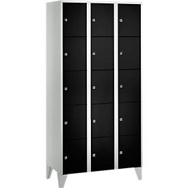 Vakkenkast 300 mm, 3 compartimenten, 15 vakken, veiligheidscilinderslot, poot, diepzwart