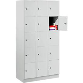 Vakkenkast 300 mm, 3 compartimenten, 15 vakken, veiligheidscilinderslot, sokkel, lichtgrijs