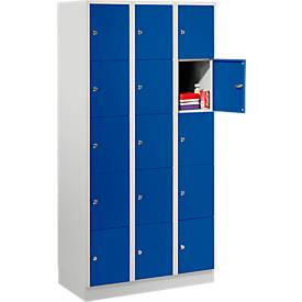 Vakkenkast 300 mm, 3 compartimenten, 15 vakken, veiligheidscilinderslot, sokkel, gentiaanblauw