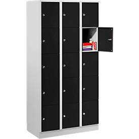 Vakkenkast 300 mm, 3 compartimenten, 15 vakken, veiligheidscilinderslot, sokkel, diepzwart