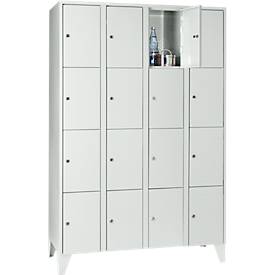 Vakkenkast 300 mm, 4 compartimenten, 16 vakken, veiligheidscilinderslot, poot, lichtgrijs