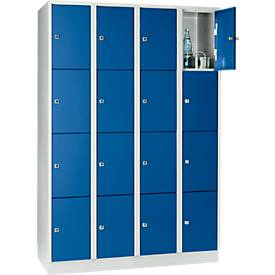 Vakkenkast 300 mm, 4 compartimenten, 16 vakken, veiligheidscilinderslot, sokkel, gentiaanblauw
