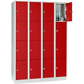 Vakkenkast 300 mm, 4 compartimenten, 16 vakken, veiligheidscilinderslot, sokkel, vuurrood