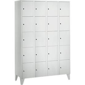 Vakkenkast 300 mm, 4 compartimenten, 20 vakken, veiligheidscilinderslot, poot, lichtgrijs