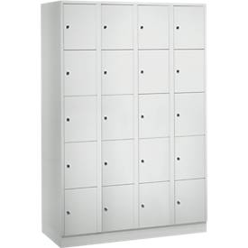 Vakkenkast 300 mm, 4 compartimenten, 20 vakken, veiligheidscilinderslot, sokkel, lichtgrijs
