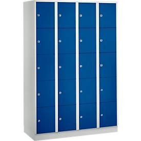 Vakkenkast 300 mm, 4 compartimenten, 20 vakken, veiligheidscilinderslot, sokkel, gentiaanblauw