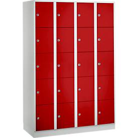Vakkenkast 300 mm, 4 compartimenten, 20 vakken, veiligheidscilinderslot, sokkel, vuurrood