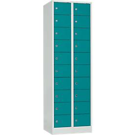 Lockerkast, plaatstaal, deuraanslag rechts, cilinderslot, 20 vakken, B 600 x H 1800 mm, lichtgrijs RAL 7035/waterblauw RAL 5021