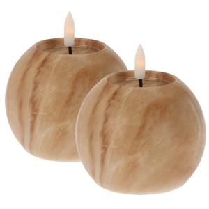 Excellent Houseware LED kaarsen/bolkaarsen - 2x - rond - bruin - marmer - D10 x H7,5 cm -