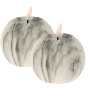Excellent Houseware LED kaarsen/bolkaarsen - 2x st- rond - wit/grijs - marmer - D10 x H7,5 cm -