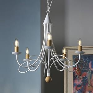 ONLI Milvia kroonluchter, 5-lamps, wit/houtkleurig, metaal