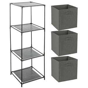 Merkloos Opbergrek 3-laags - metaal - kunststof - zwart - x cm - incl. 3 opbergmanden donker grijs -