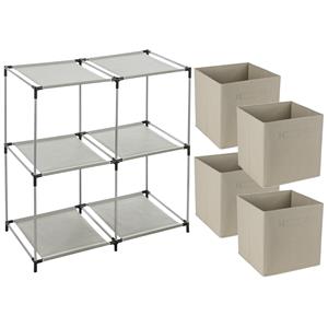 Merkloos Opbergrek 2-laags - metaal - kunststof - grijs - 67 x 68 cm - incl. 4 opbergmanden beige -