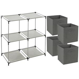 Merkloos Opbergrek 2-laags - metaal - kunststof - grijs - 67 x 68 cm - incl. 4 opbergmanden donker grijs -