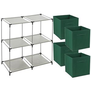 Merkloos Opbergrek 2-laags - metaal - kunststof - grijs - 67 x 68 cm - incl. 4 opbergmanden donker groen -