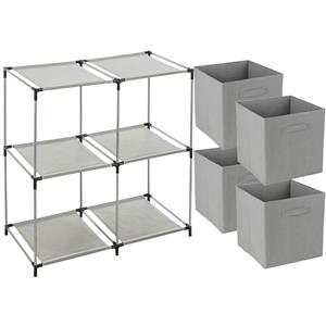 Merkloos Opbergrek 2-laags - metaal - kunststof - grijs - 67 x 68 cm - incl. 4 opbergmanden grijs -