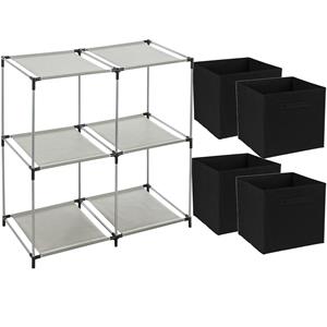Merkloos Opbergrek 2-laags - metaal - kunststof - grijs - 67 x 68 cm - incl. 4 opbergmanden zwart -