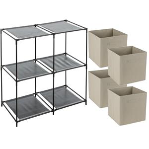 Merkloos Opbergrek 2-laags - metaal - kunststof - zwart - 67 x 68 cm - incl. 4 opbergmanden beige -
