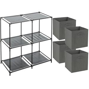 Merkloos Opbergrek 2-laags - metaal - kunststof - zwart - 67 x 68 cm - incl. 4 opbergmanden donker grijs -